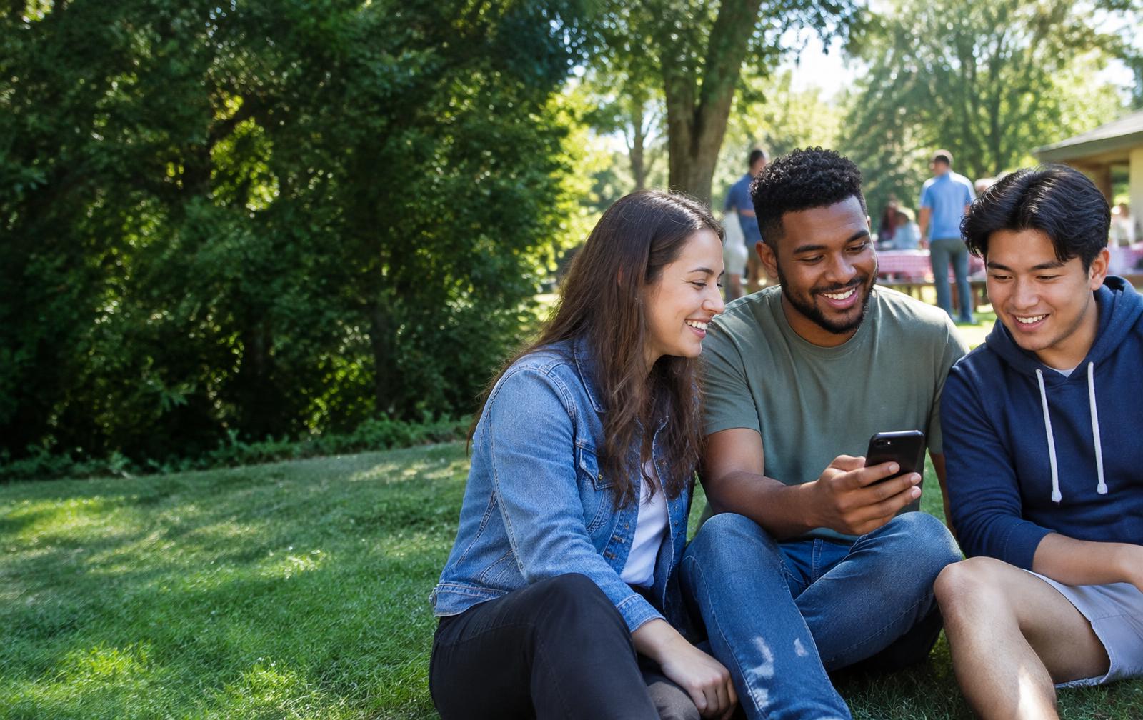 Friends sharing an encouraging video on a phone outdoors